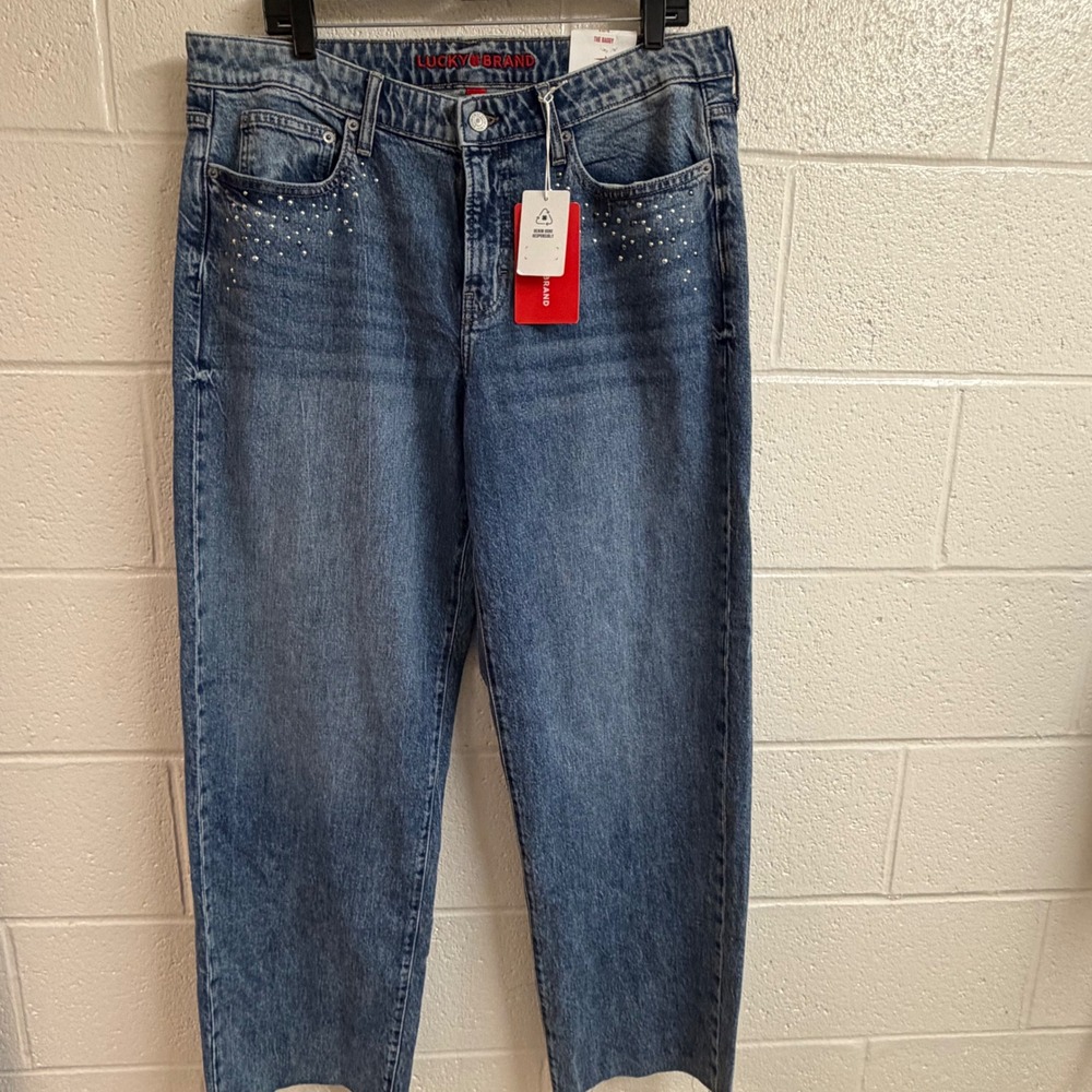 Lucky Brand Womens The Baggy Studded Embellished Jeans 12/31 Blue Denim Raw Hem